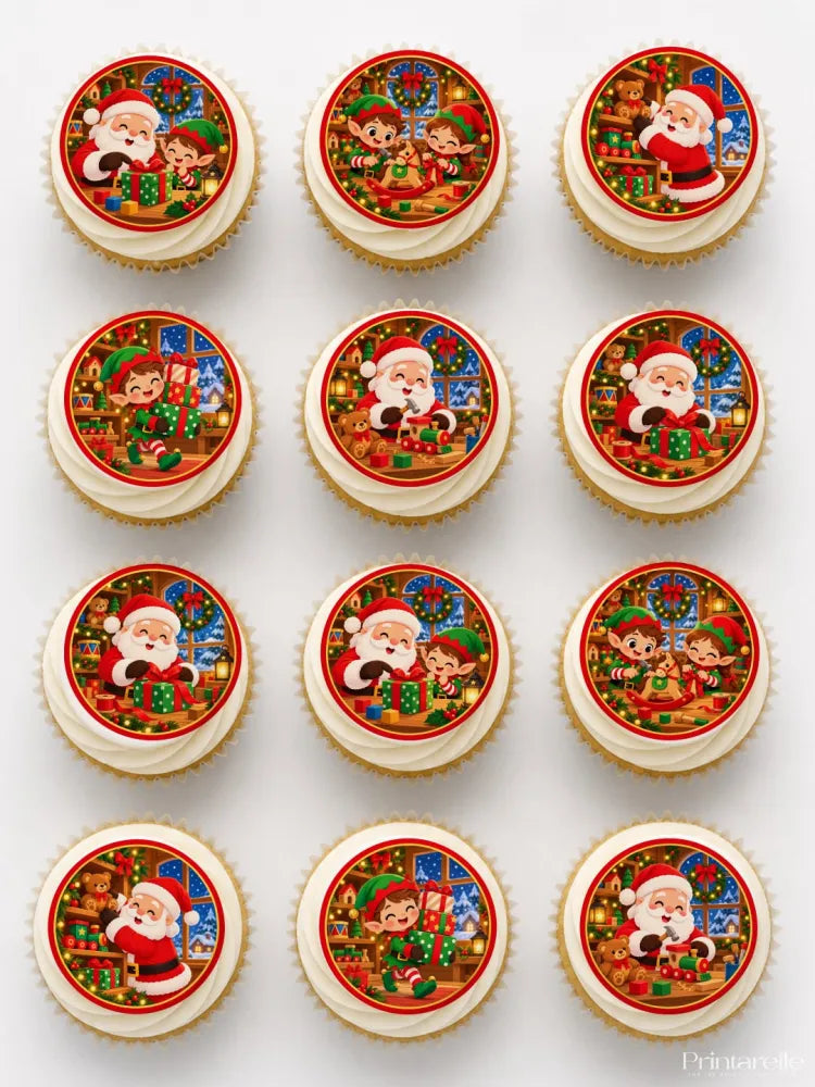 Christmas-themed cupcake toppers from santa’s workshop icing sheet with santa and elves in red green and gold designs