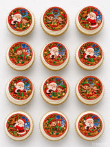 Christmas-themed cupcake toppers from santa’s workshop icing sheet with santa and elves in red green and gold designs