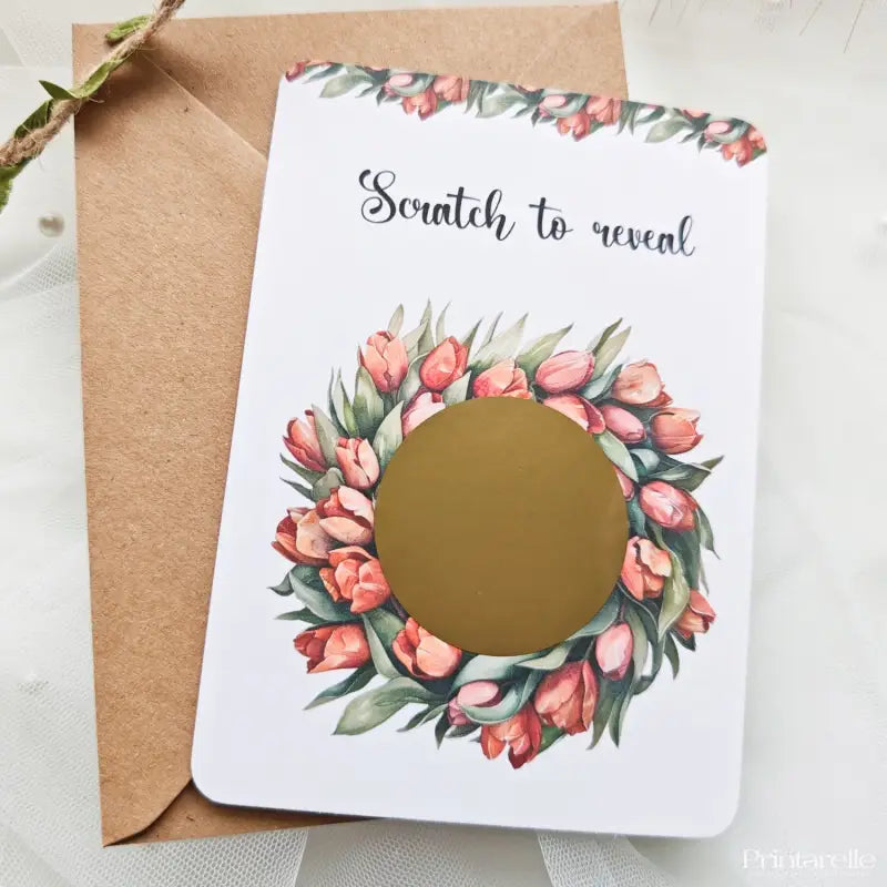 Floral wreath scratch card with kraft envelope