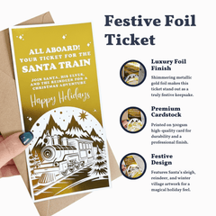 Festive foil ticket with Santa train design and product details on a white background