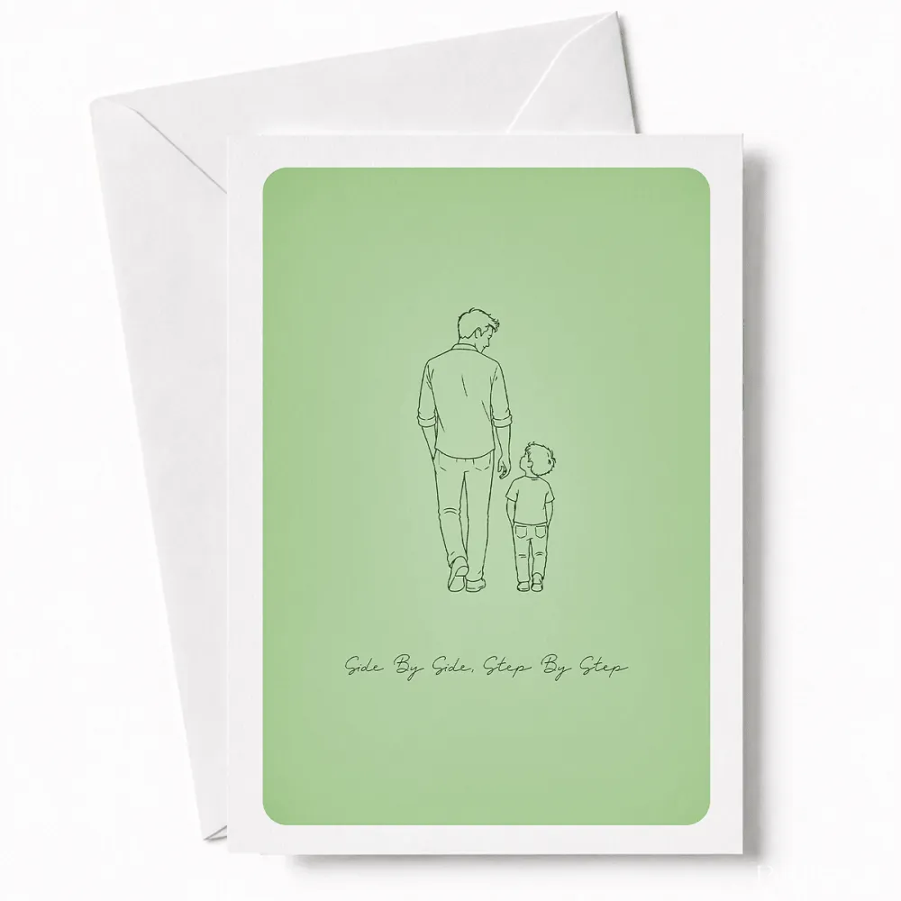 Walking together, one small step at a time. This quietly beautiful line art illustration shows a dad and his young son