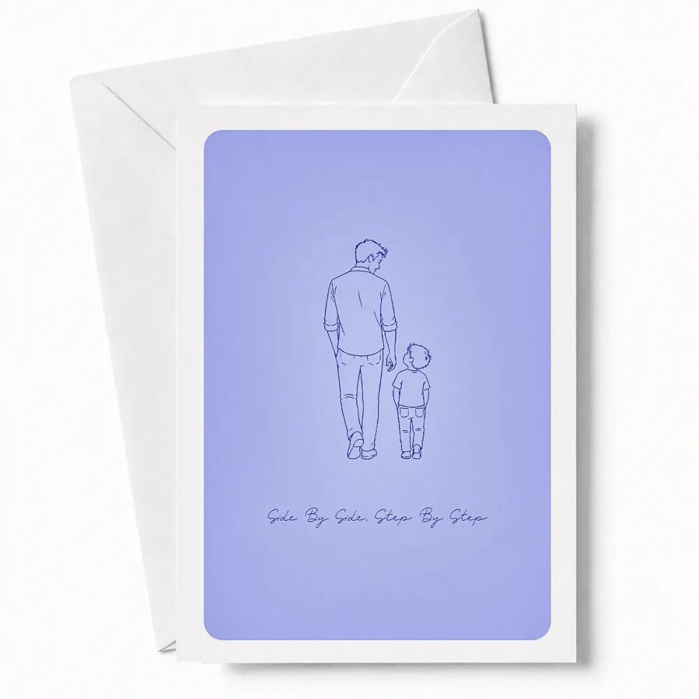 Walking together, one small step at a time. This quietly beautiful line art illustration shows a dad and his young son