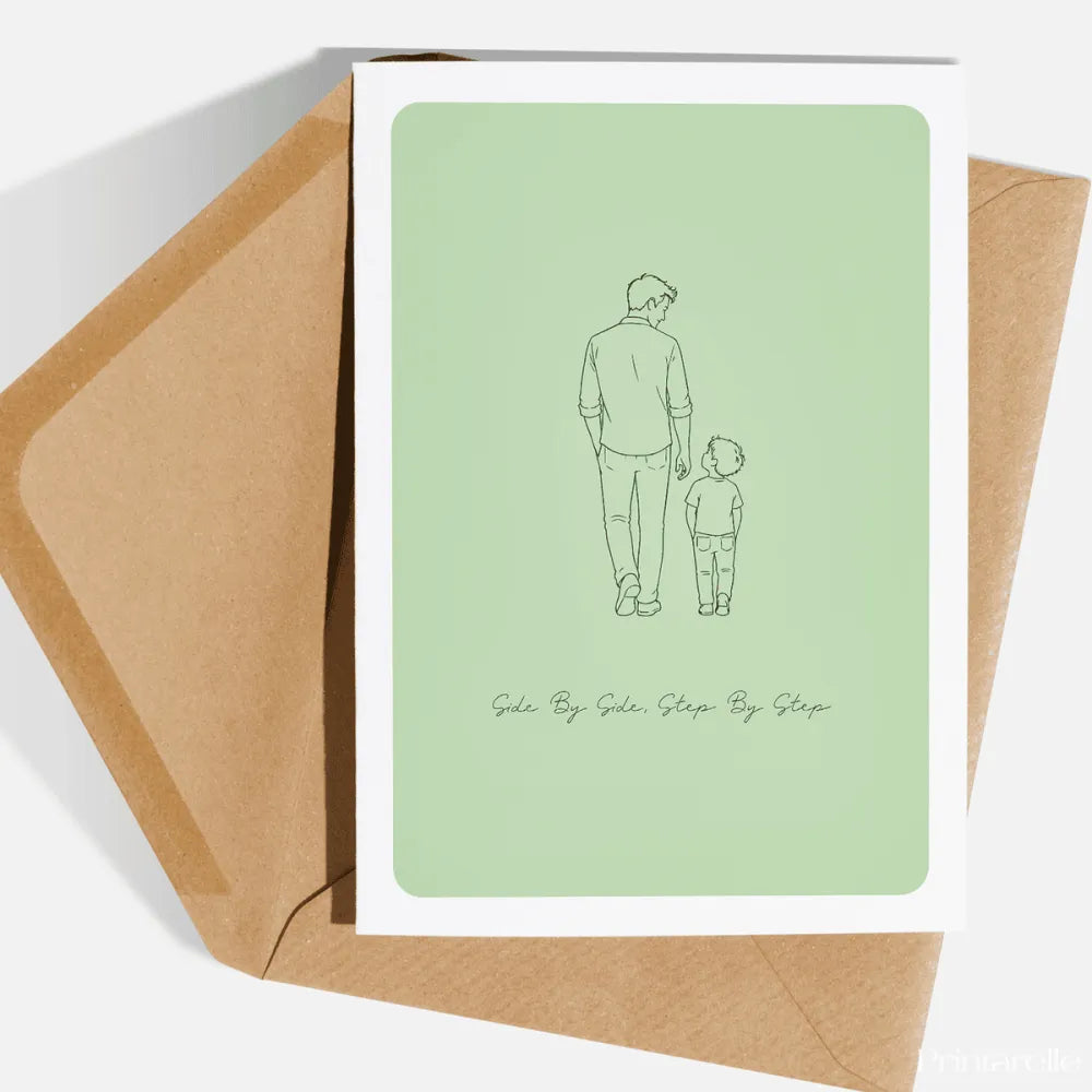 Walking together, one small step at a time. This quietly beautiful line art illustration shows a dad and his young son