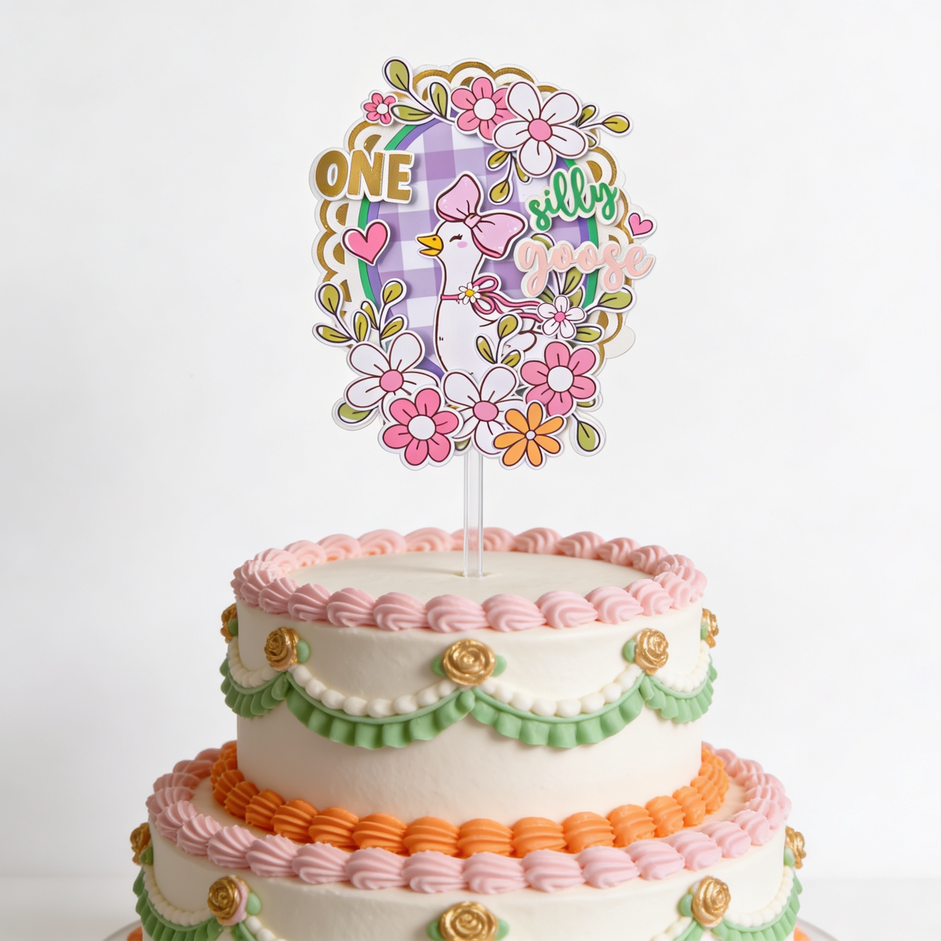 Silly Goose ’One’ Boho Floral First Birthday Cake Topper - silly goose, cake topper, happy birthday, gold scalloped