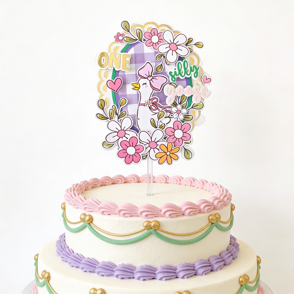 Silly Goose ’One’ Boho Floral First Birthday Cake Topper - silly goose, cake topper, happy birthday, gold scalloped