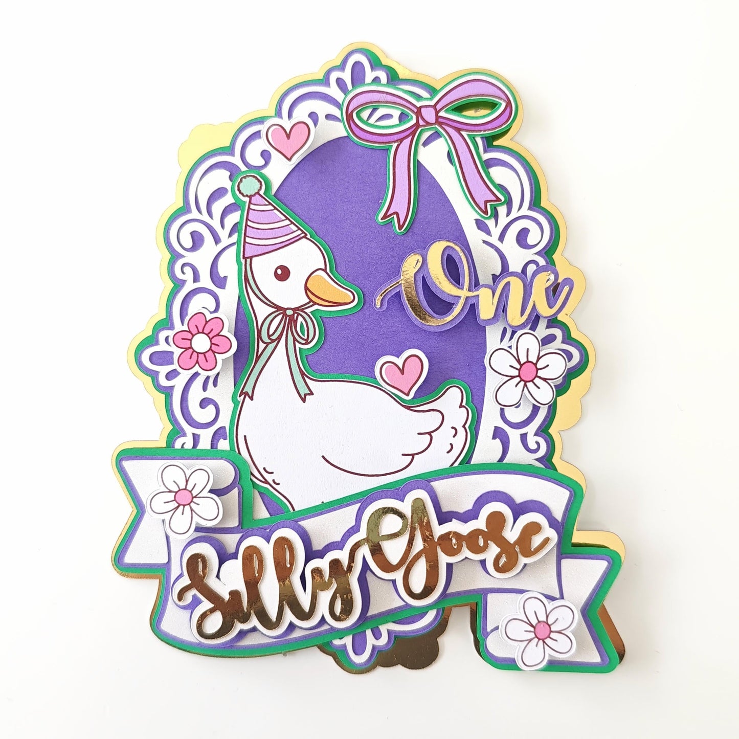 Silly Goose ’One’ First Birthday Cake Topper - silly goose, cake topper, happy birthday, gold mirror, size guide