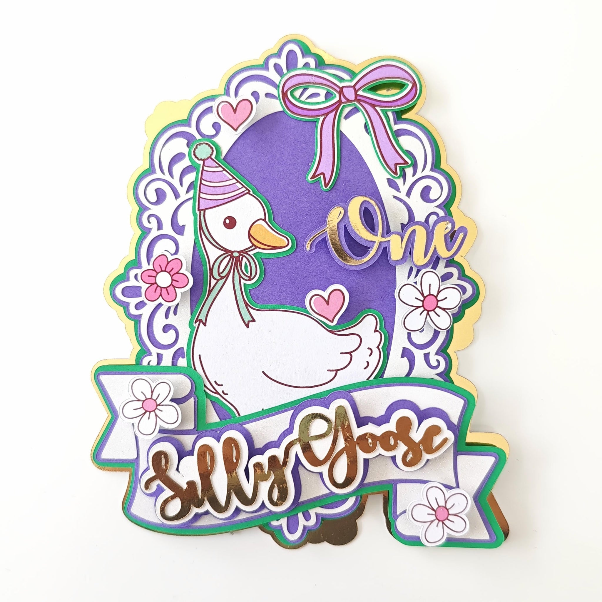 Silly Goose ’One’ First Birthday Cake Topper - silly goose, cake topper, happy birthday, gold mirror, size guide