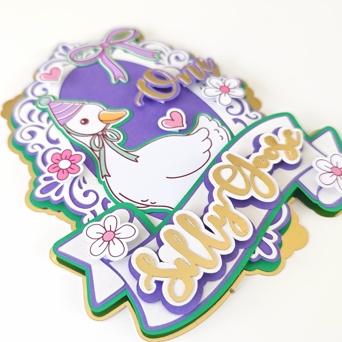 Silly Goose ’One’ First Birthday Cake Topper - silly goose, cake topper, happy birthday, gold mirror, size guide