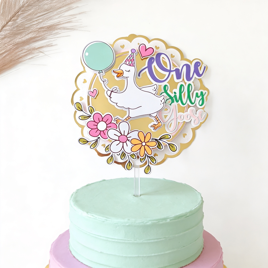 Silly Goose ’One’ Round Balloon Cake Topper - silly goose, cake topper, happy birthday, round balloon cake, balloon