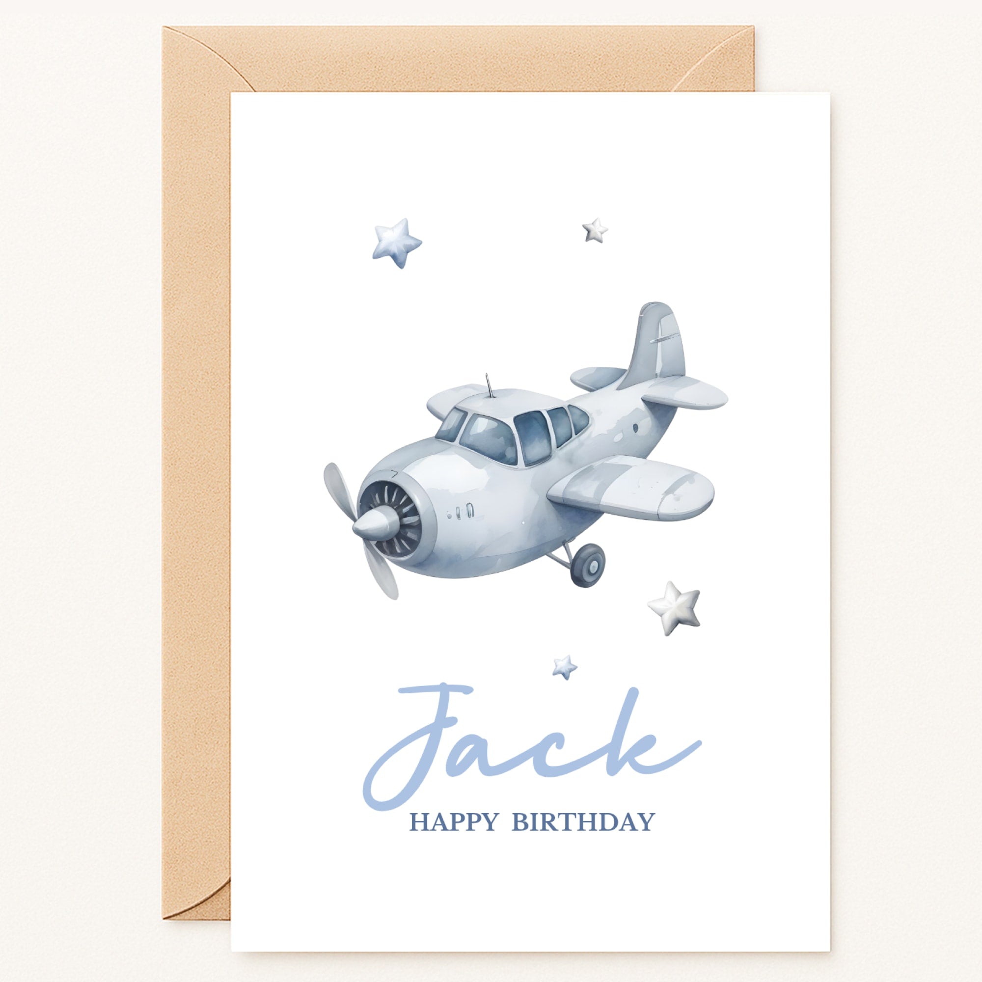 personalised silver airplane birthday card with stars and child name
