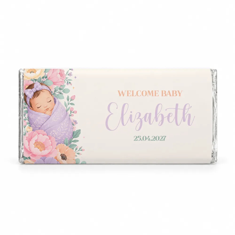 Personalised sleeping blossom baby 40g chocolate bars wrapped in silver foil with lavender and pink floral design
