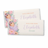 Personalized sleeping blossom baby 40g chocolate bars featuring a sleeping infant in lavender with floral accents