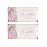 Personalised 40g chocolate bars wrapped in silver foil with pastel sleeping baby and floral design sleeping blossom baby
