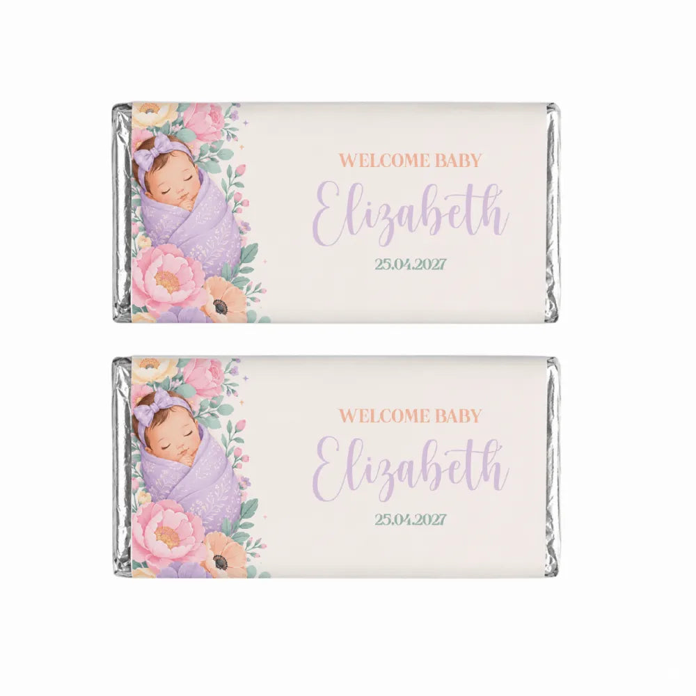 Personalised 40g chocolate bars wrapped in silver foil with pastel sleeping baby and floral design sleeping blossom baby