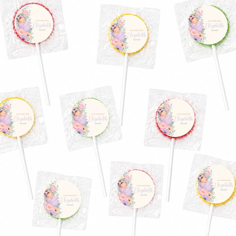 Personalized sleeping blossom baby lollipop favour with pastel pink and lavender floral swirl lollipops for arrival date celebration