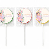 Three personalized lavender swirl lollipop favours with baby elizabeth wrapped and arrival date for baby shower