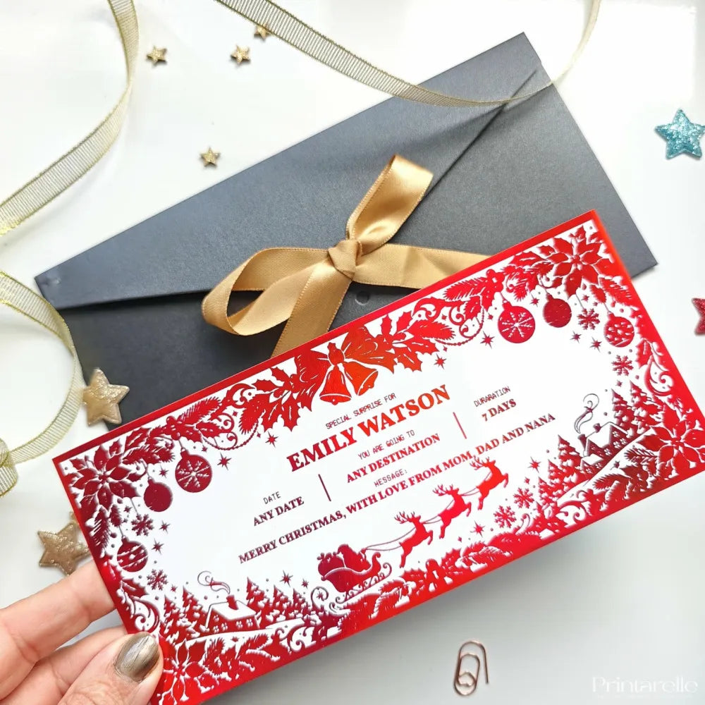 Red christmas holiday reveal card with intricate poinsettias bells ornaments and reindeer sleigh cut-out designs