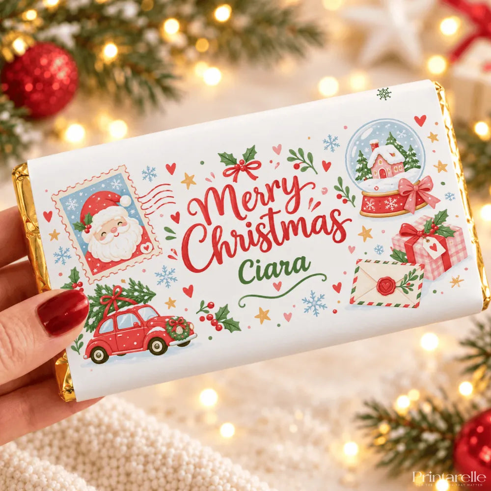 A festive milk chocolate bar in a white wrapper with gold edges featuring a personalized merry christmas ciara snow globe design