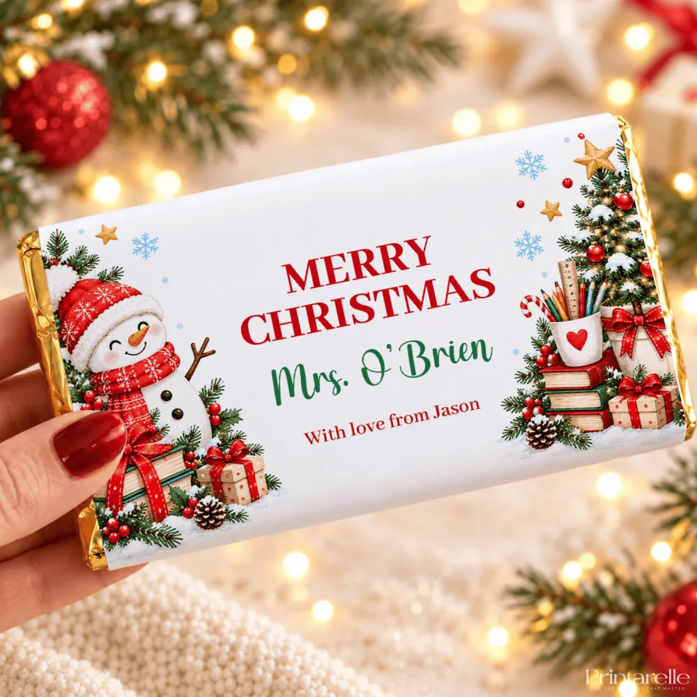 A festive white chocolate bar wrap with cheerful snowman, christmas tree, and personalized teacher christmas chocolate design