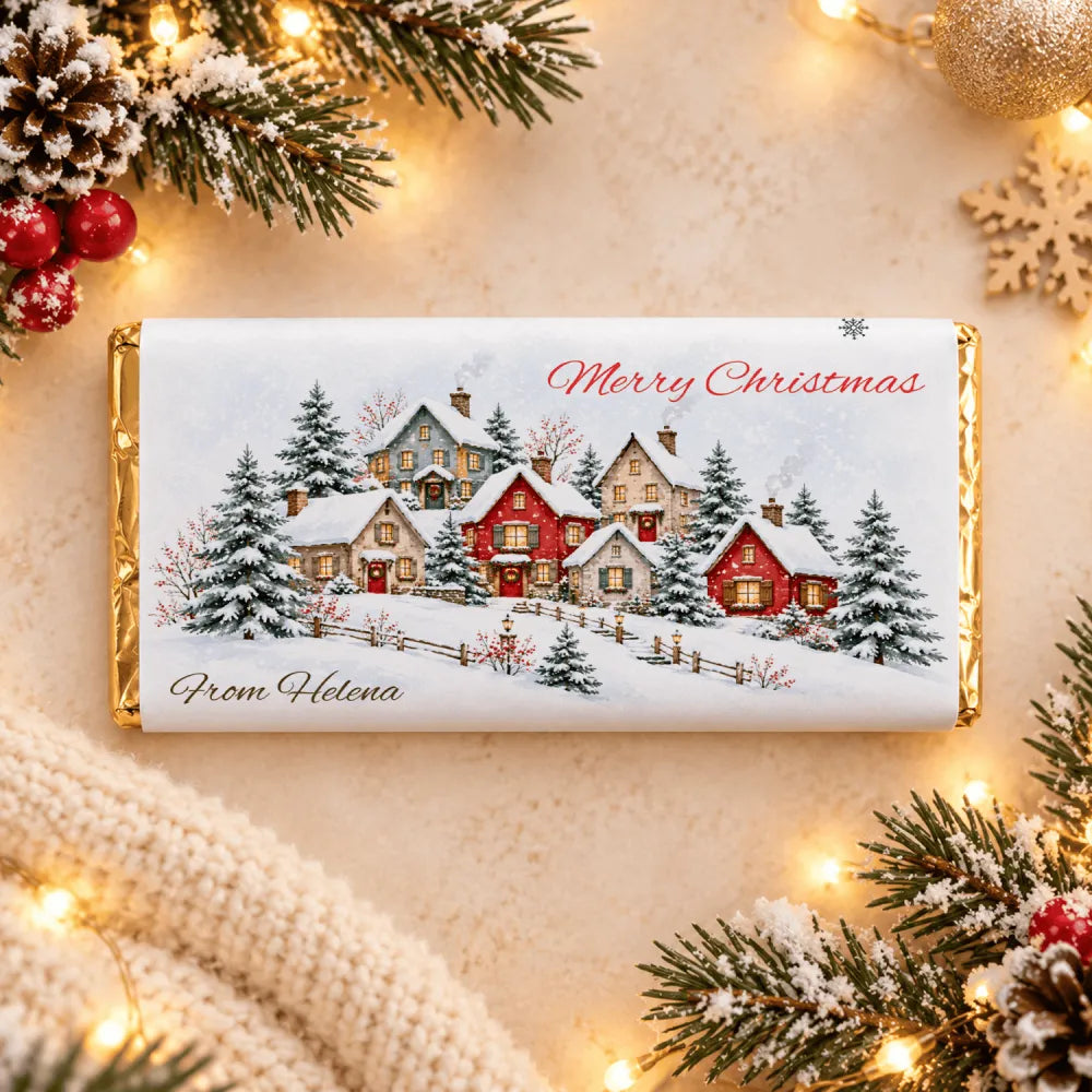 A festive gold foil wrapped personalised christmas chocolate bar with snowy cottage village design and merry christmas text