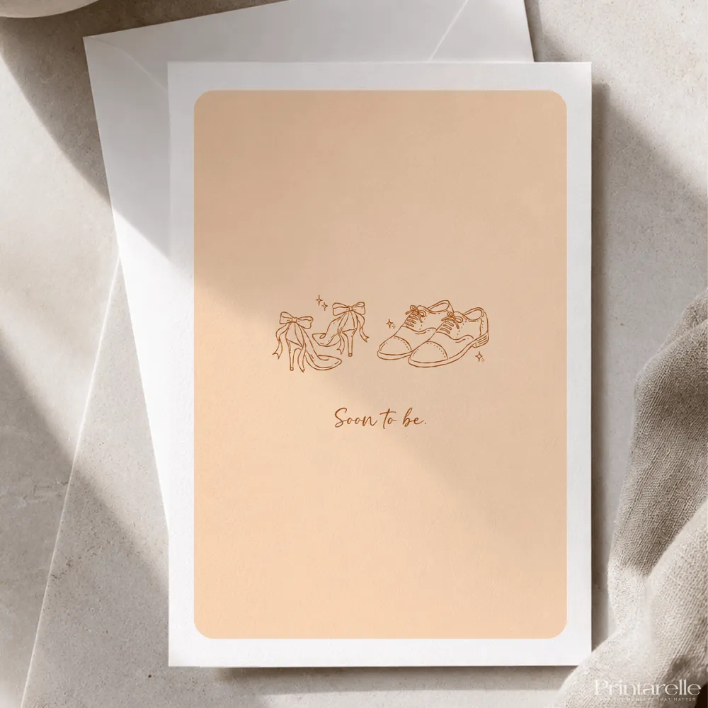 Soon to Be | Engagement & Wedding Card - groom’s oxford shoes, bridal heels, groom’s oxford, oxford shoes, colour