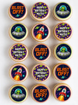 Space aliens birthday personalised cupcake toppers with rockets aliens blast off text on colorful icing sheet or wafer paper