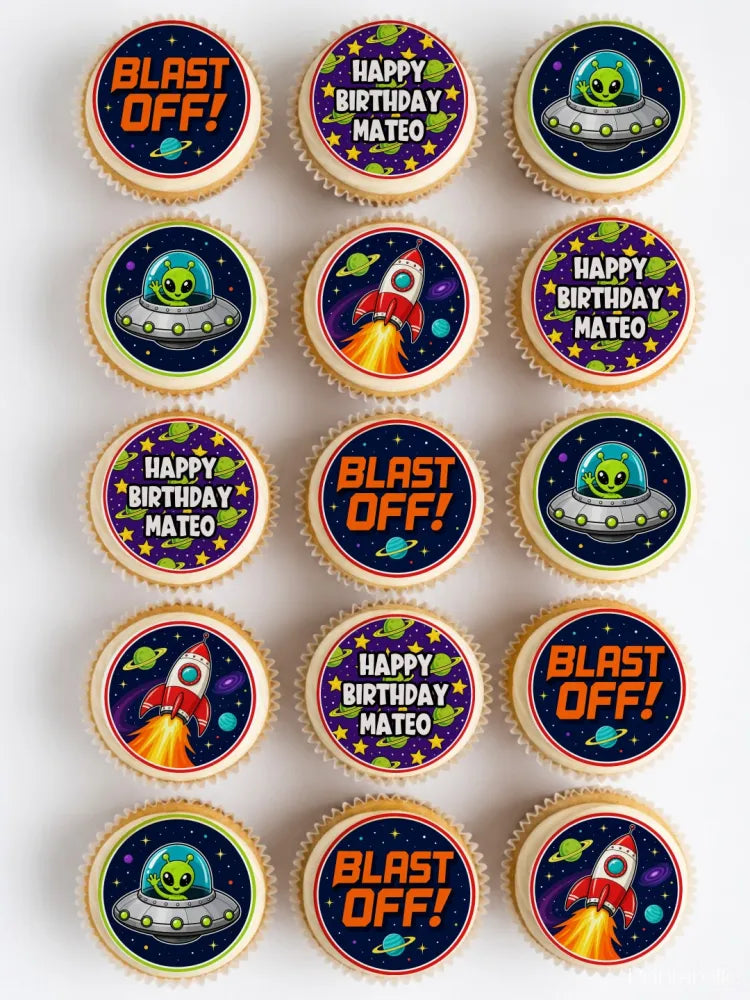 Space aliens birthday personalised cupcake toppers with rockets aliens blast off text on colorful icing sheet or wafer paper