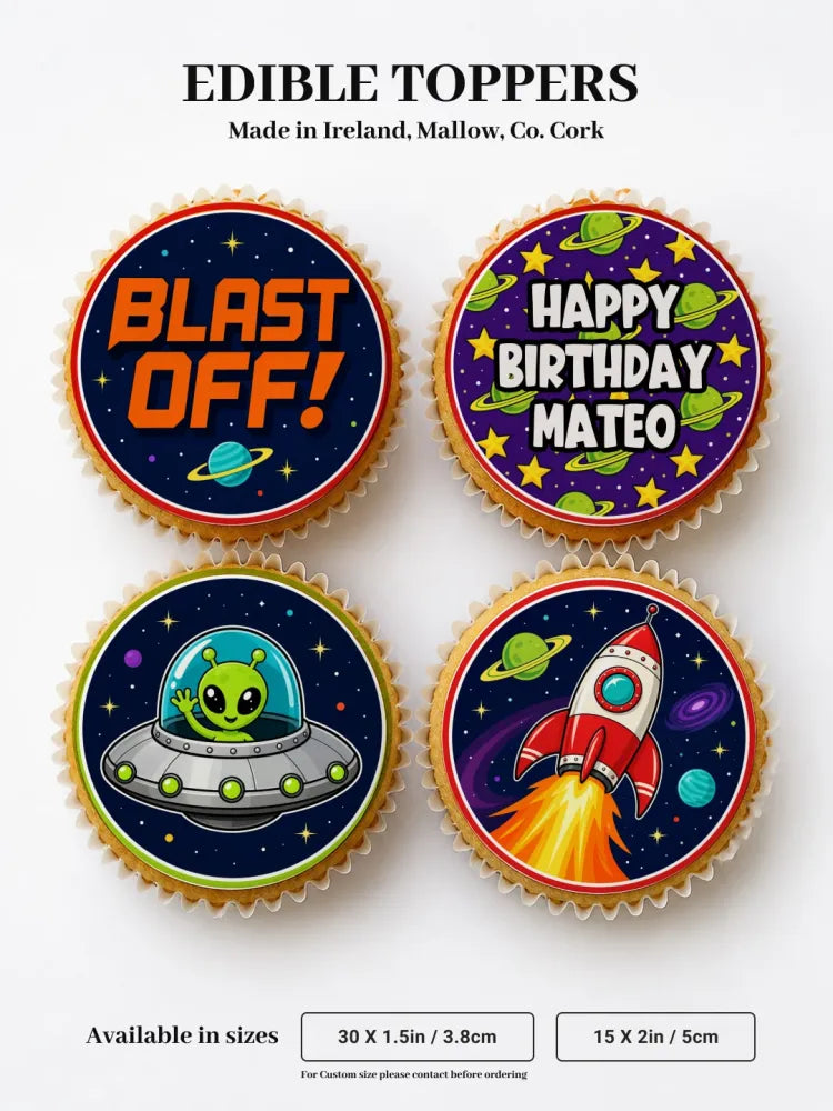 Space aliens birthday personalised cupcake toppers with vibrant rockets planets and aliens on sugary icing sheet bases