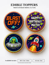 Space aliens birthday personalised cupcake toppers with vibrant rockets planets and aliens on sugary icing sheet bases