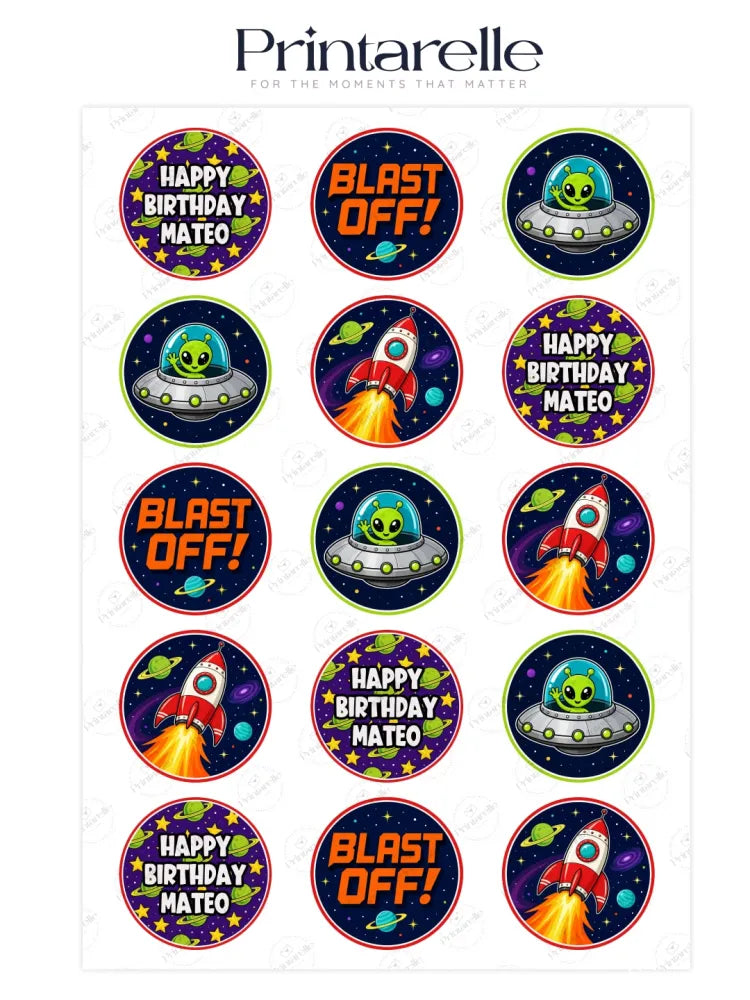 Space aliens birthday cupcake toppers with cartoon rockets and green aliens on purple icing sheet wafer paper