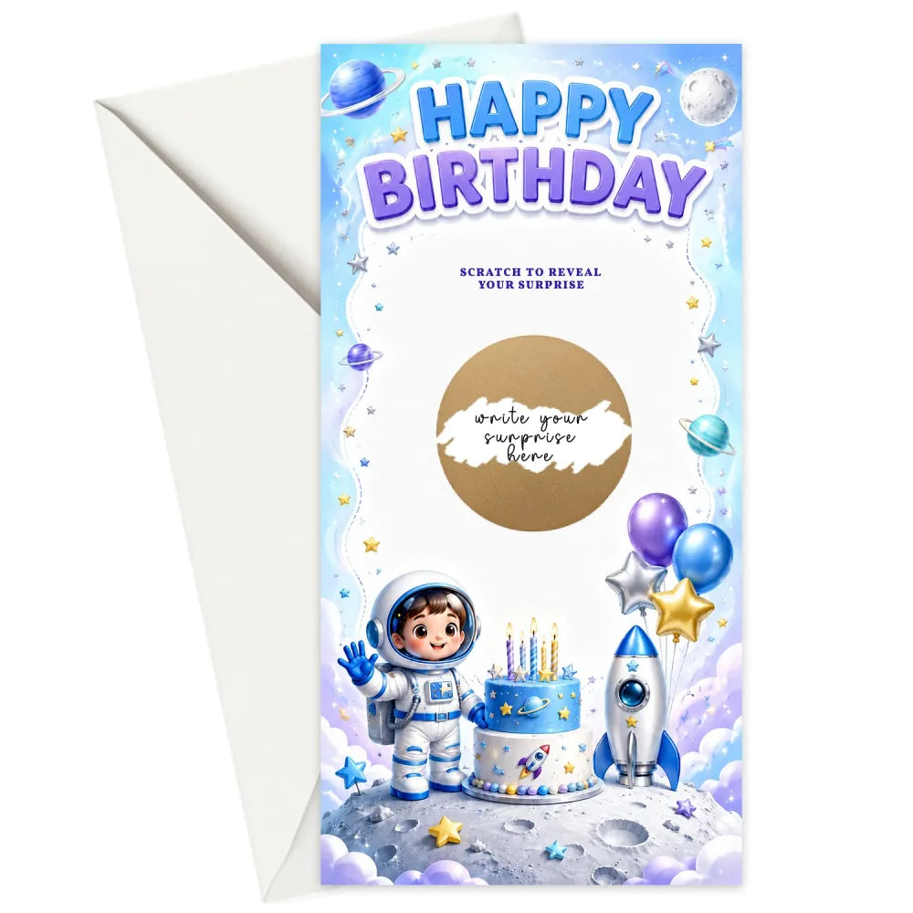A vibrant blue and purple space astronaut birthday scratch card with gold scratch sticker and rocket cake design