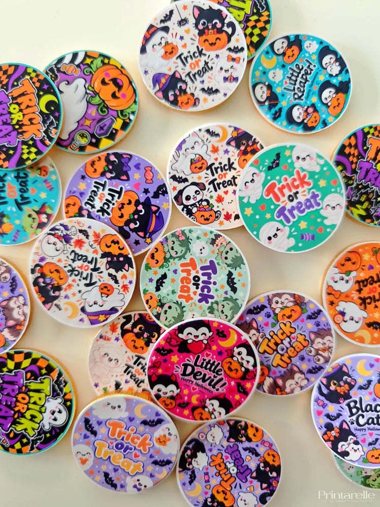 Colorful spooky cute 40mm milk chocolate coins with halloween pumpkins ghosts bats and cats designs