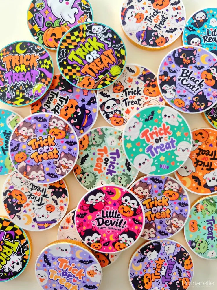 Colorful circular halloween-themed coasters with playful pumpkins ghosts bats and cute animals for 40mm milk chocolate coins