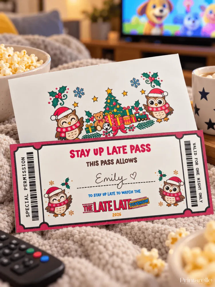 A festive white and pink stay up late pass featuring cartoon owls in santa hats for the 2025 late late toy show