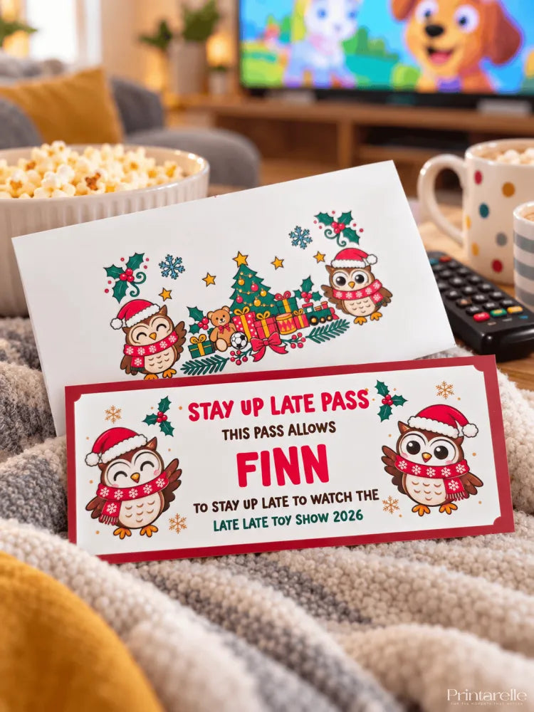 A festive red and white stay up late pass with cartoon owls and christmas design for personalised late late toy show 2026