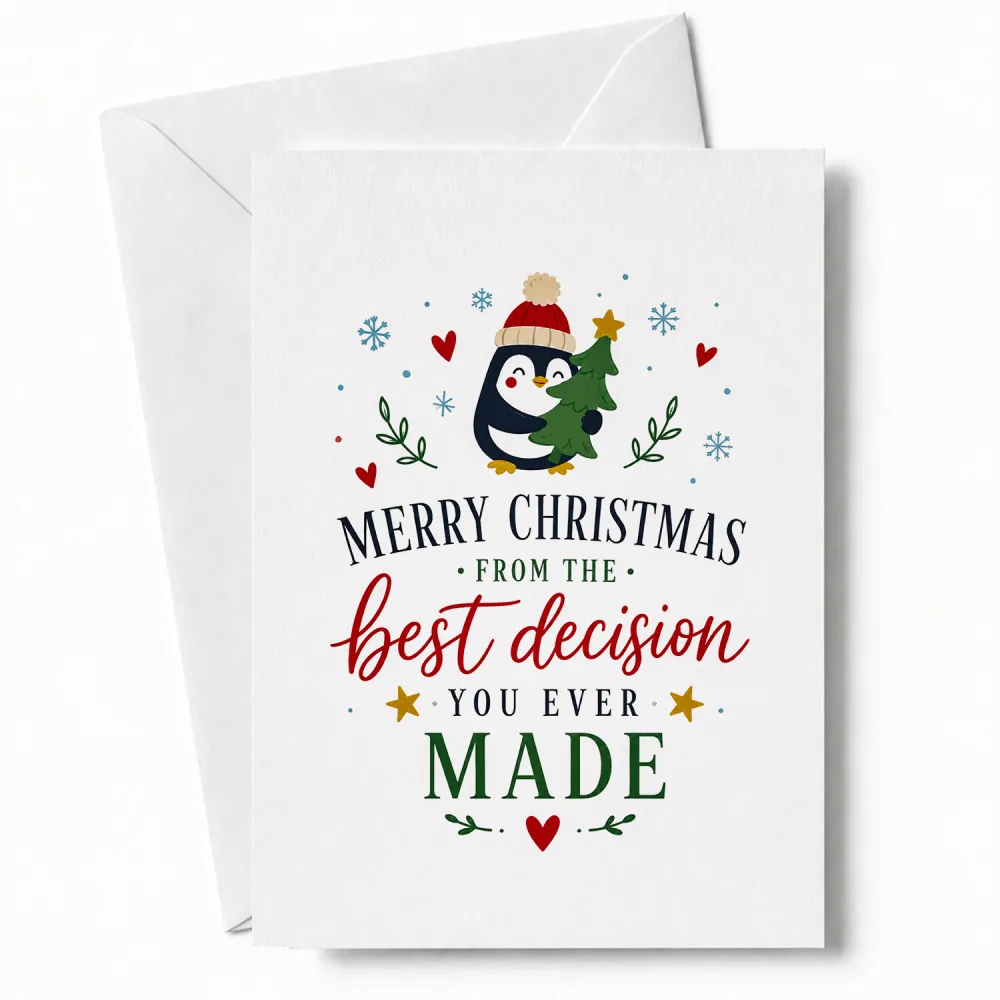 White penguin christmas card with red hat holding green tree saying merry christmas best decision design
