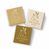 Gold and cream baby shower mini neapolitan chocolates wrapped in silver foil with white and gold dove design