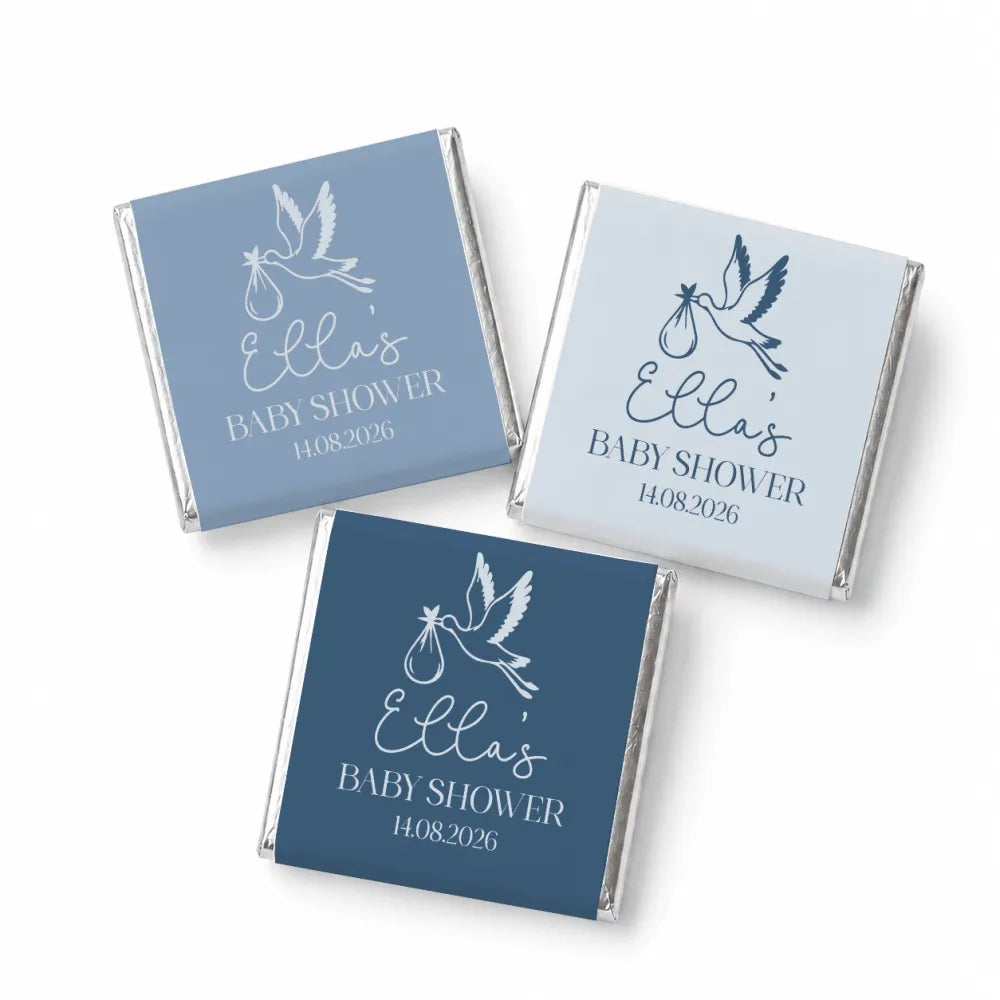 Three foil wrapped mini neapolitan chocolates with white stork design personalized for ellas baby shower favors