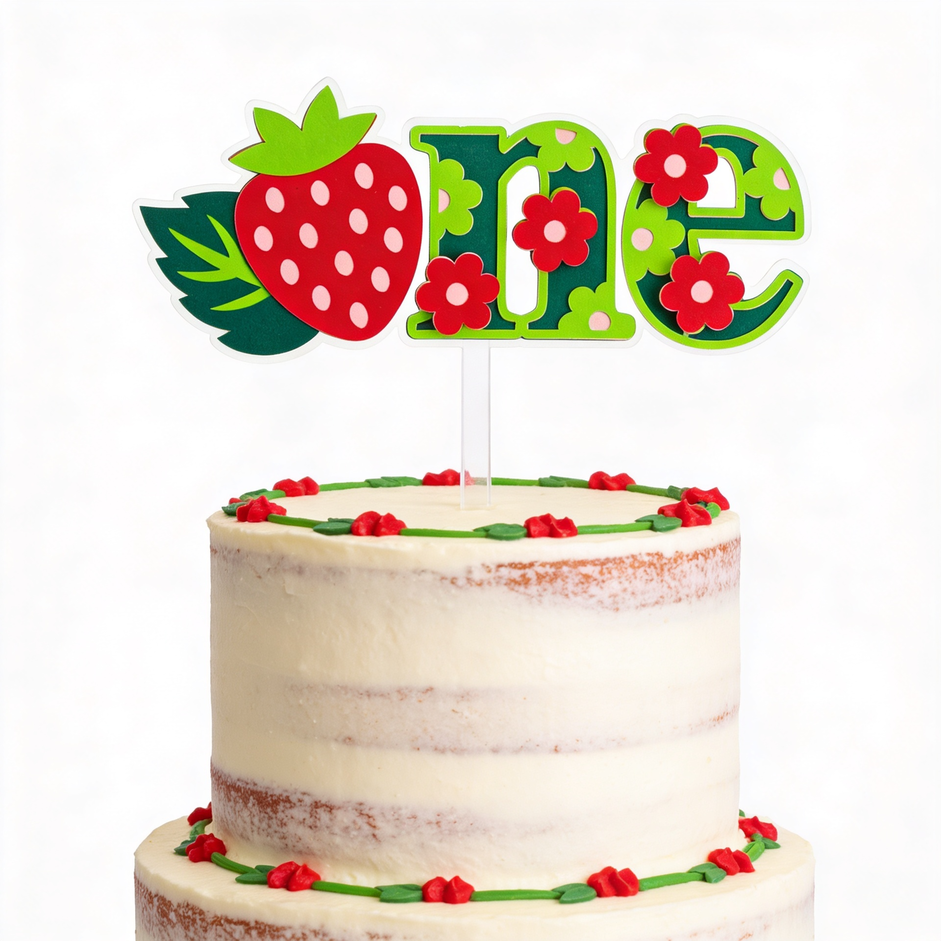 Strawberry First Birthday Cake Topper – ’One’ Cake Topper - cake topper, happy birthday, bold red, personalized foil