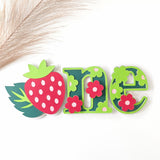 Strawberry First Birthday Cake Topper – ’One’ Cake Topper - cake topper, happy birthday, bold red, personalized foil
