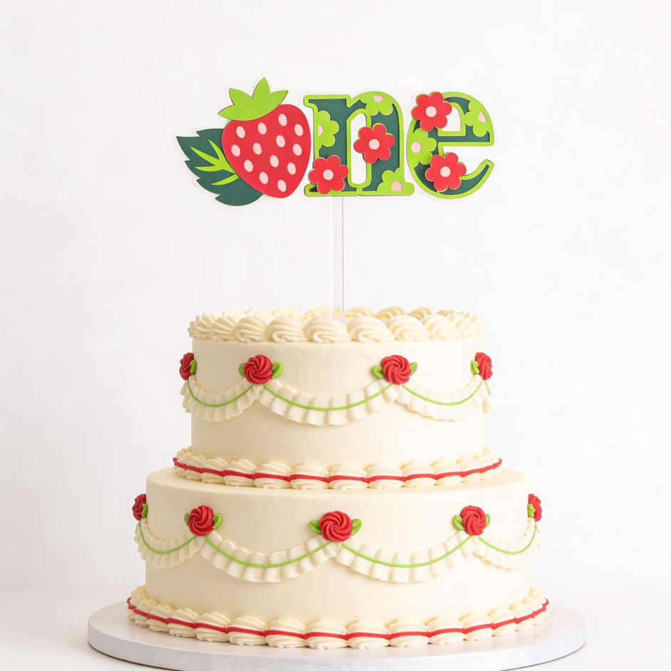Strawberry First Birthday Cake Topper – ’One’ Cake Topper - cake topper, happy birthday, bold red, personalized foil