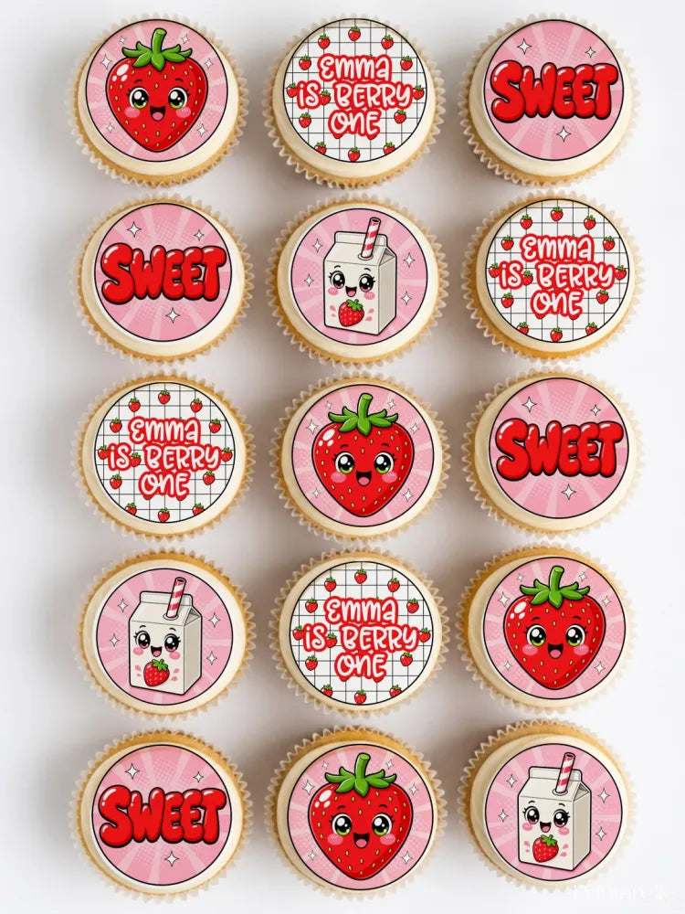 Pink kawaii strawberry cupcake toppers with cute faces and emma is berry one text for birthday cupcake decor