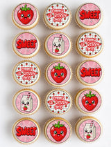 Pink kawaii strawberry cupcake toppers with cute faces and emma is berry one text for birthday cupcake decor