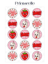 Cute pink kawaii strawberry cupcake toppers with cartoon strawberries milk cartons and birthday cupcake text emma is berry one