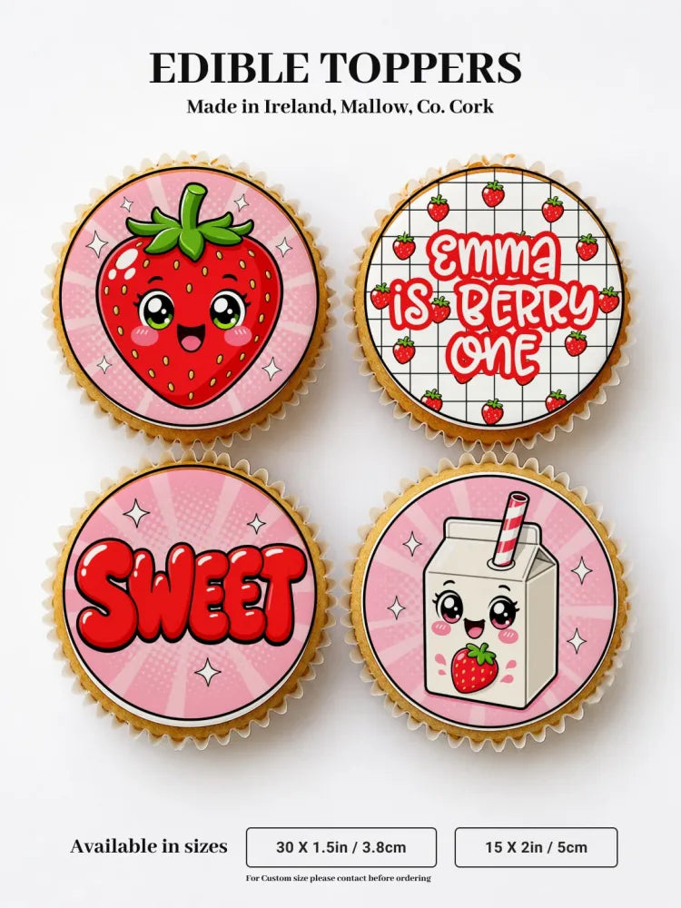 Pink circular edible cupcake toppers with kawaii strawberry and milk carton designs for birthday cupcakes
