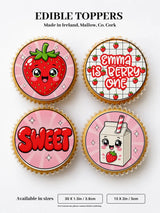 Pink circular edible cupcake toppers with kawaii strawberry and milk carton designs for birthday cupcakes