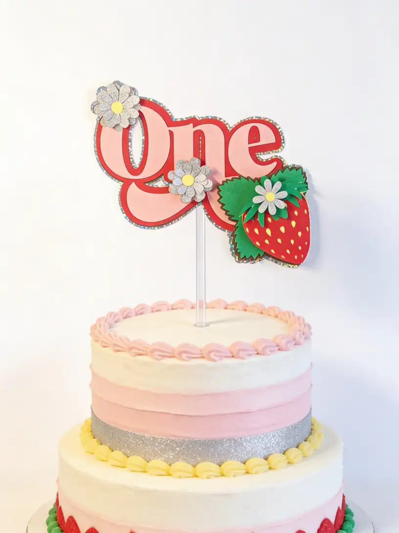 Strawberry One Cake Topper – Adorable First Birthday Topper - holographic glitter, holographic glitter border, cake