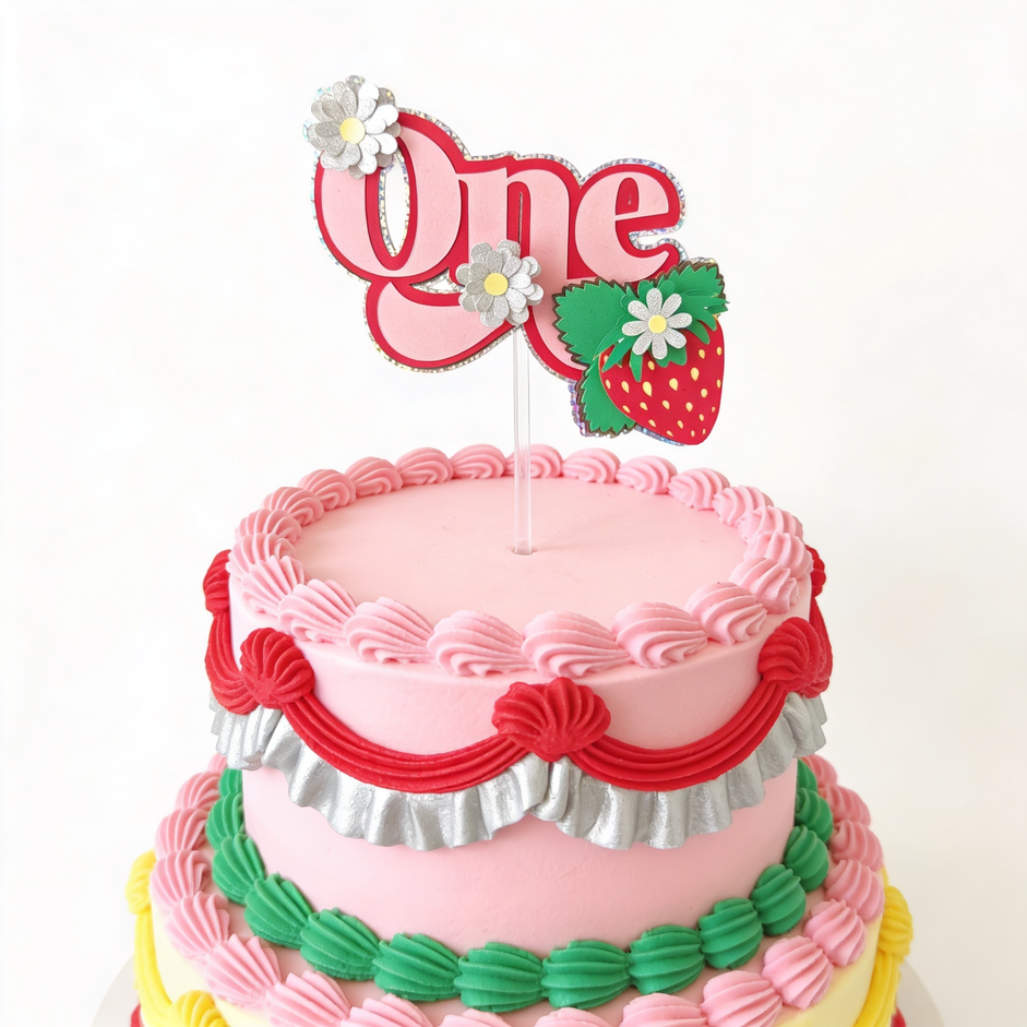 Strawberry One Cake Topper – Adorable First Birthday Topper - cake topper, holographic glitter, happy birthday,