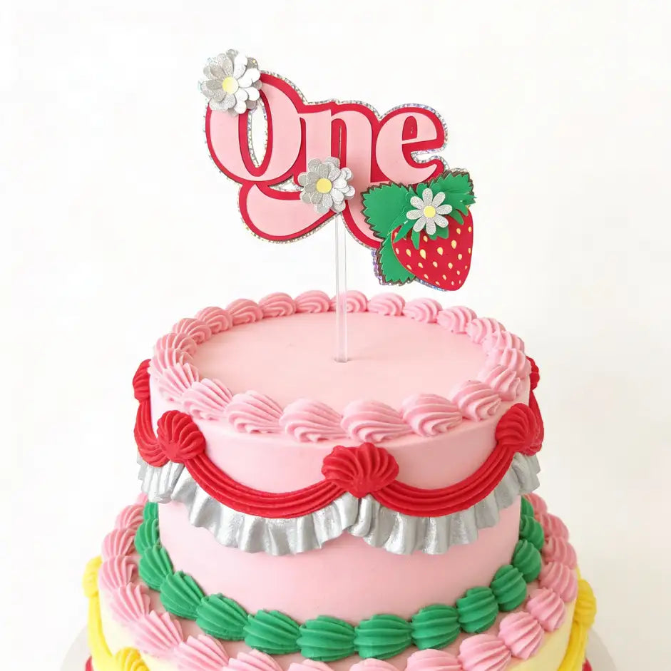 Strawberry One Cake Topper – Adorable First Birthday Topper - cake topper, holographic glitter, happy birthday,