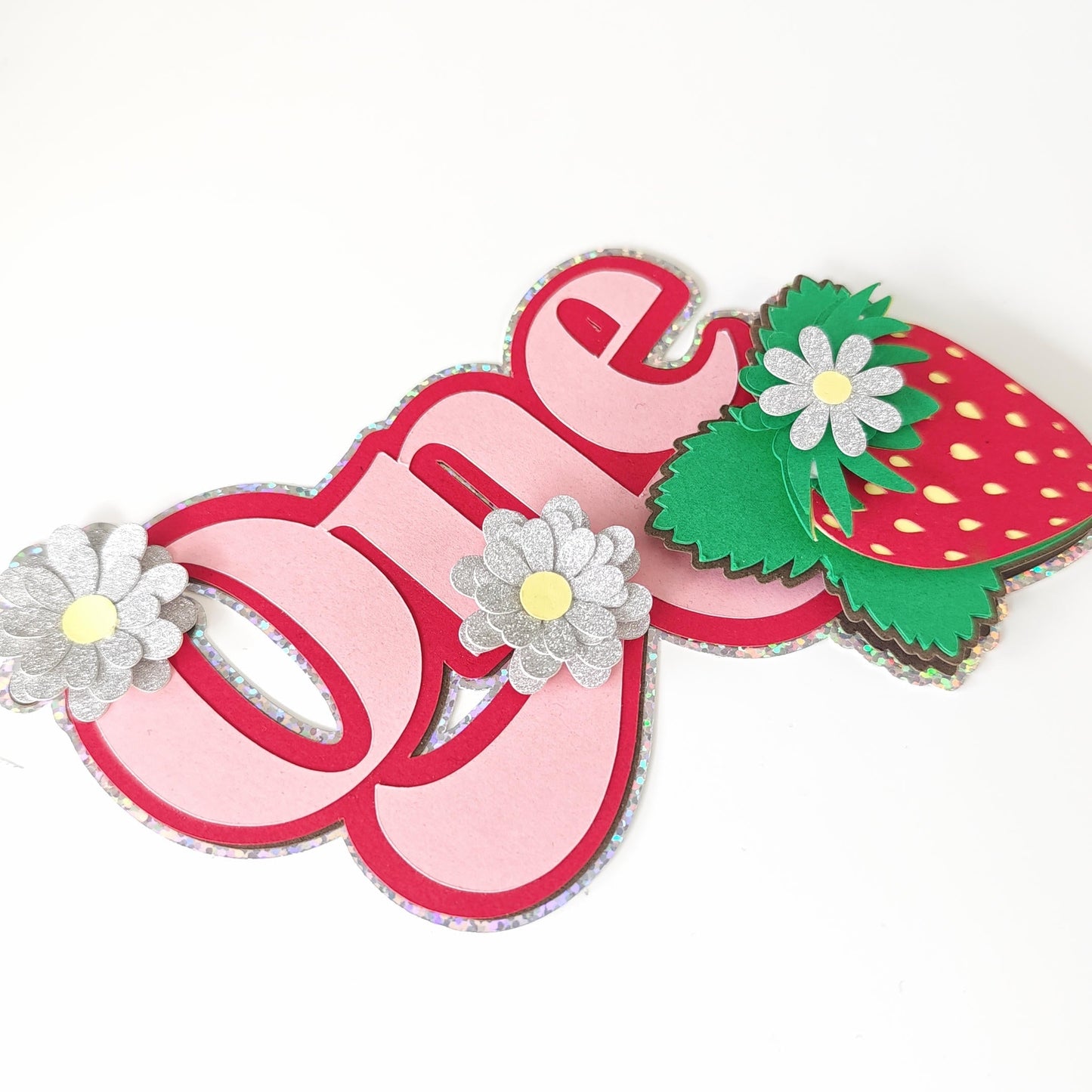 Strawberry One Cake Topper – Adorable First Birthday Topper - cake topper, holographic glitter, happy birthday,
